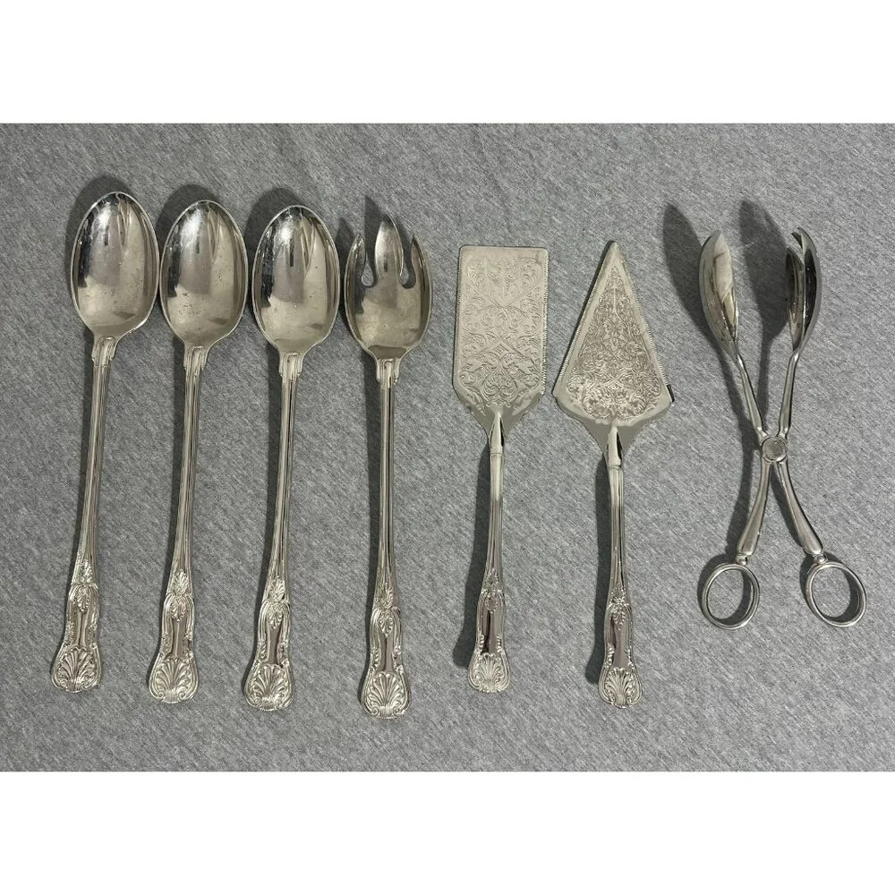 Ornate Shell Pattern Silverplate Serving Utensil Set Lot 7‎ Spoons Servers Tongs